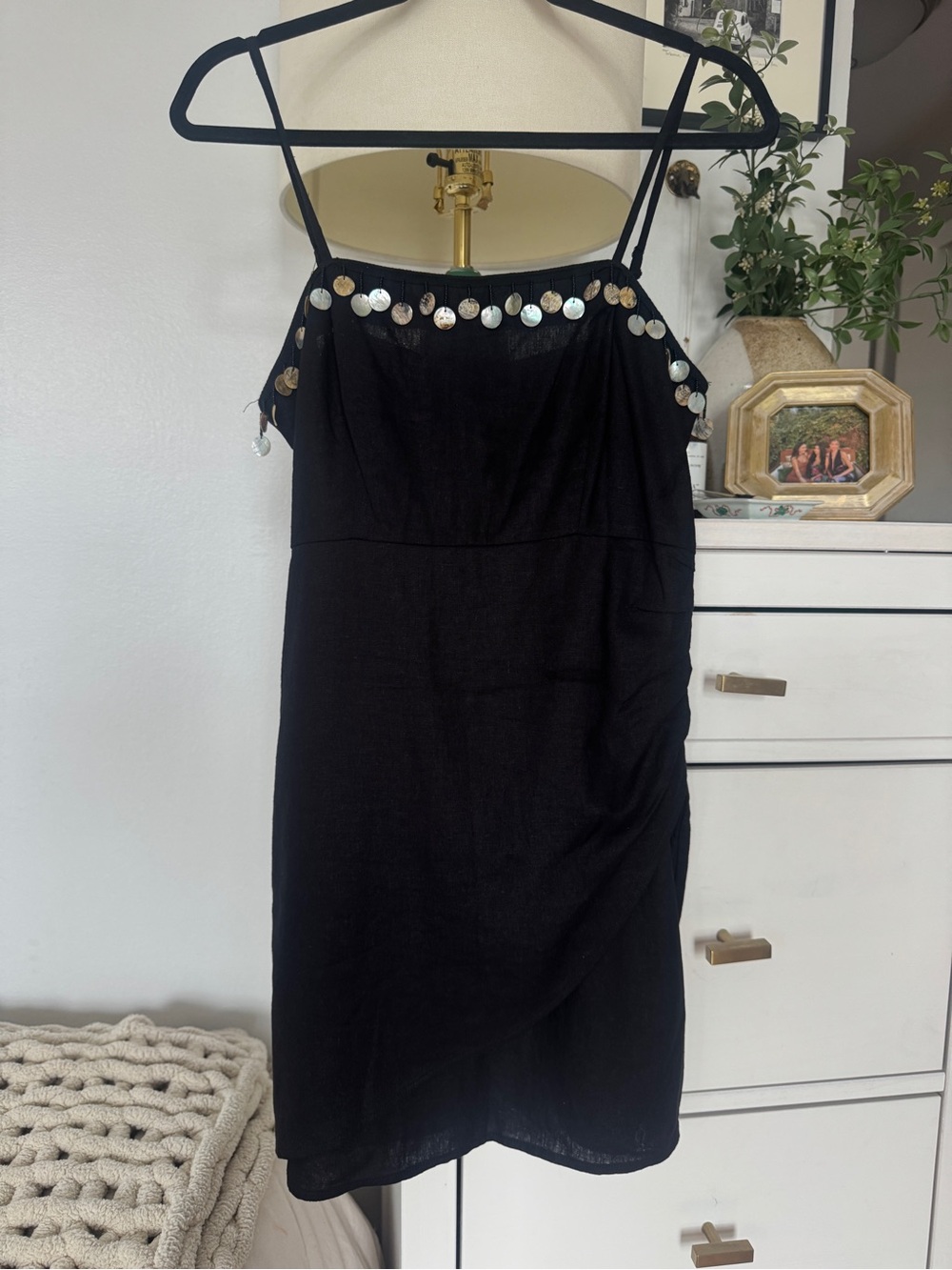 Zara Black Linem Mini Dress with Shell Disc Trim